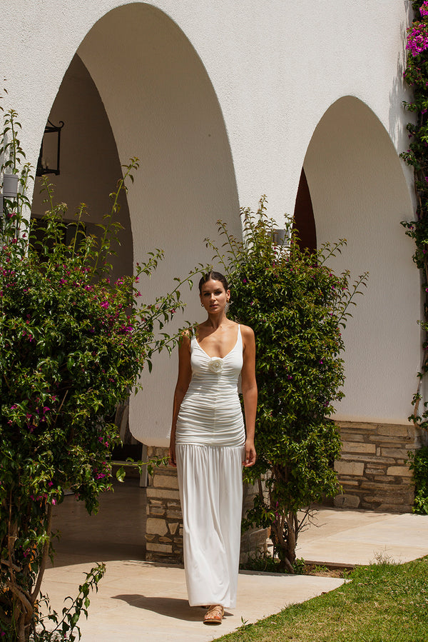 Jersey Dress with Rose in White