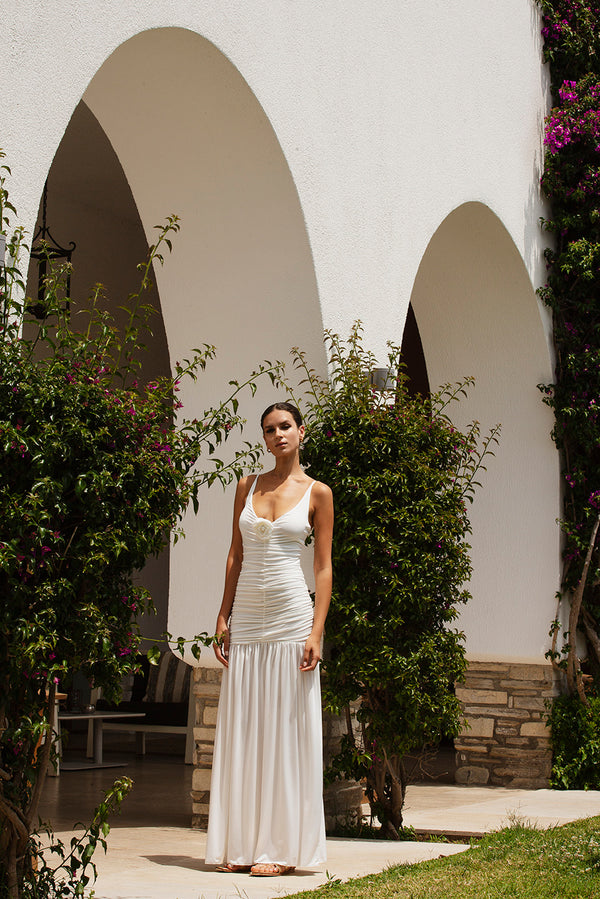 Jersey Dress with Rose in White