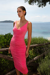 Jersey Dress with Folds in Hot Pink