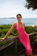 Jersey Dress with Folds in Hot Pink