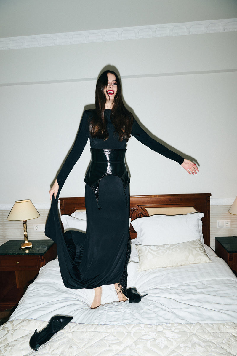 Τurtleneck Dress with Special Sleeve and Feathers