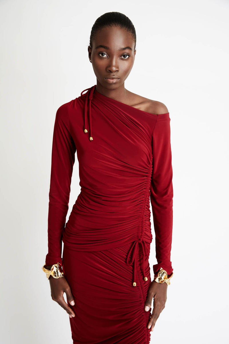 Jersey Top with Folds in Dark Red