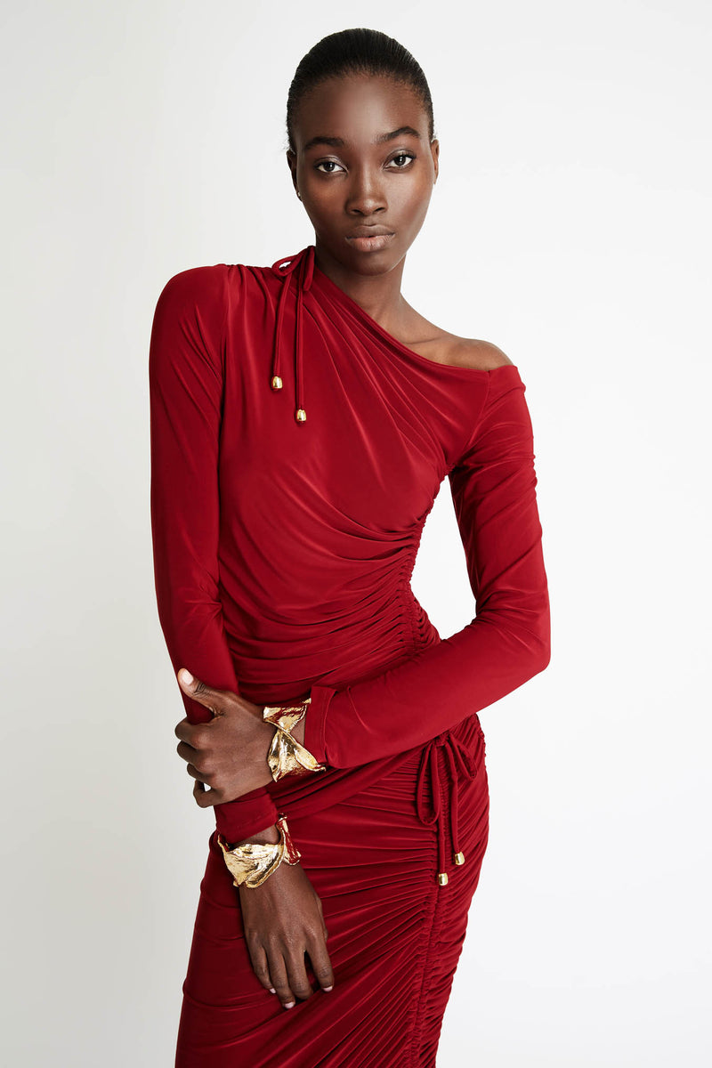 Jersey Top with Folds in Dark Red