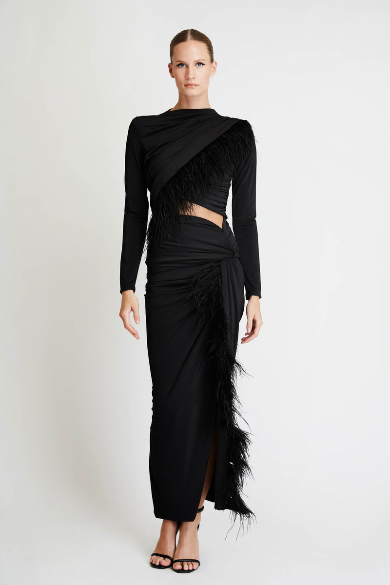 Set Top & Skirt with Feathers in Black