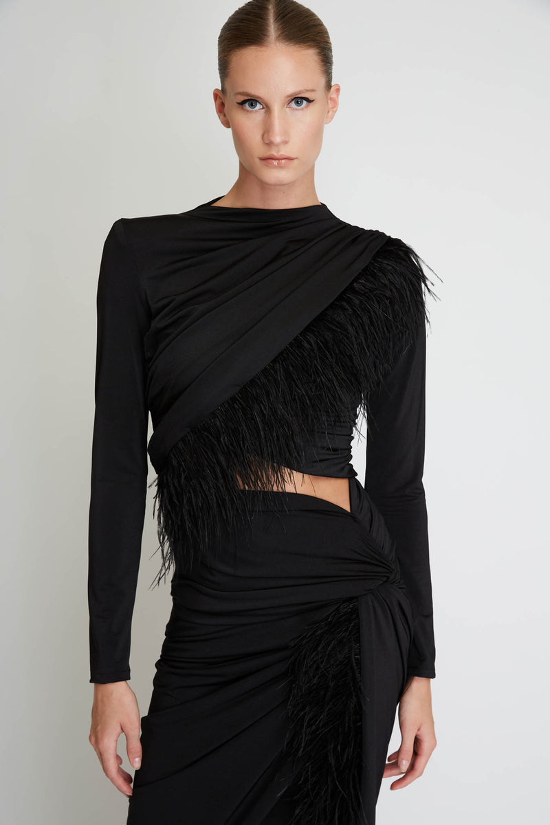 Set Top & Skirt with Feathers in Black