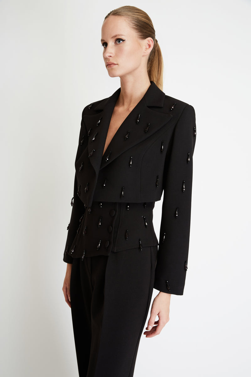 Cropped Blazer with Embroidery in Black