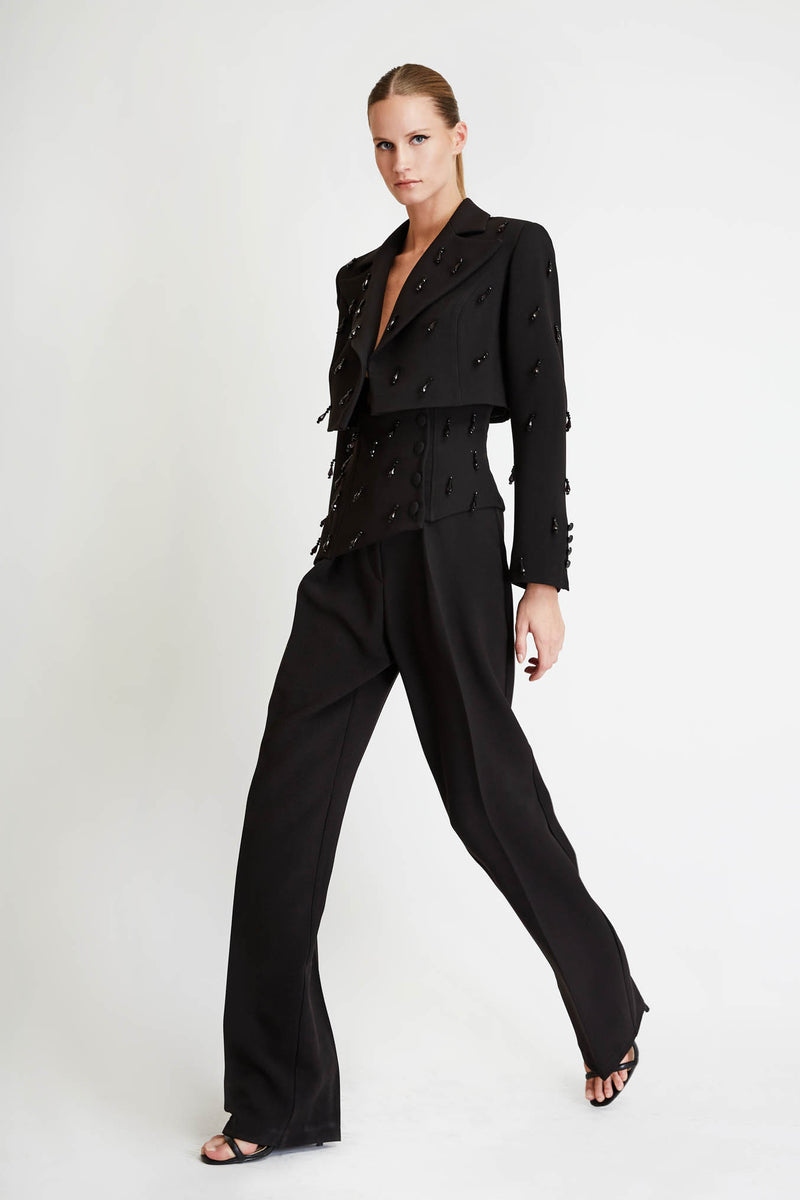 Trousers with Waist Embroidery in Black