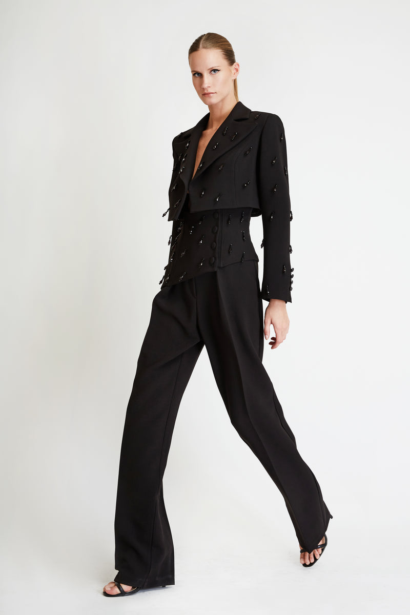Cropped Blazer with Embroidery in Black