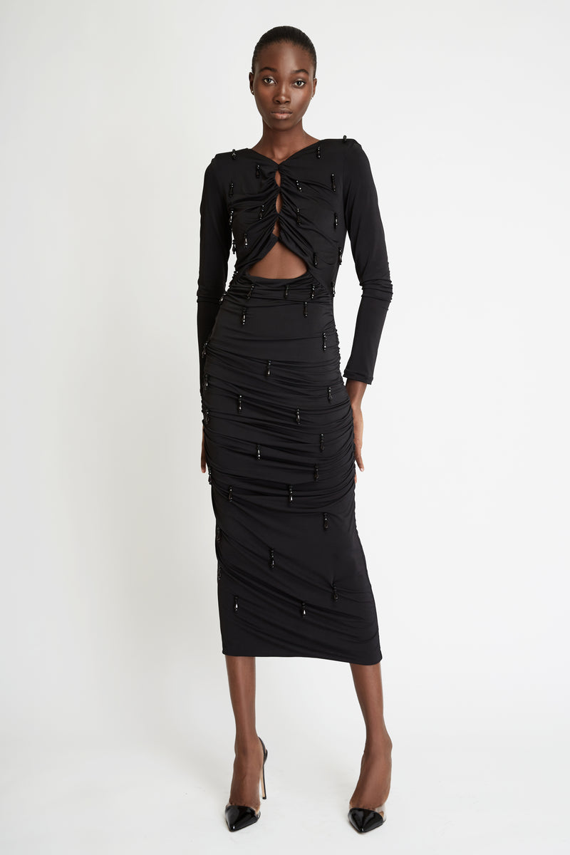 Pencil Dress with Embroidery in Black