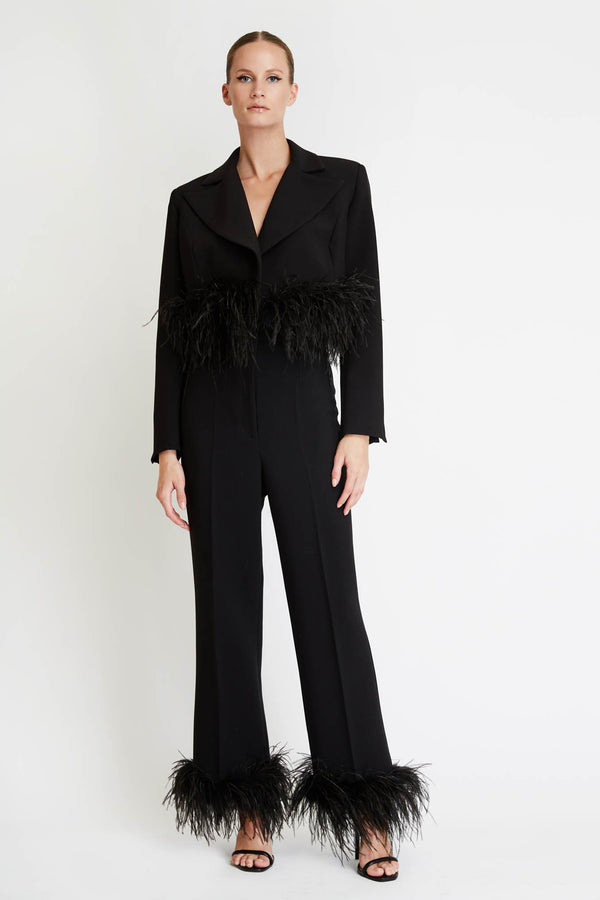 Cropped Blazer with Feathers in Black