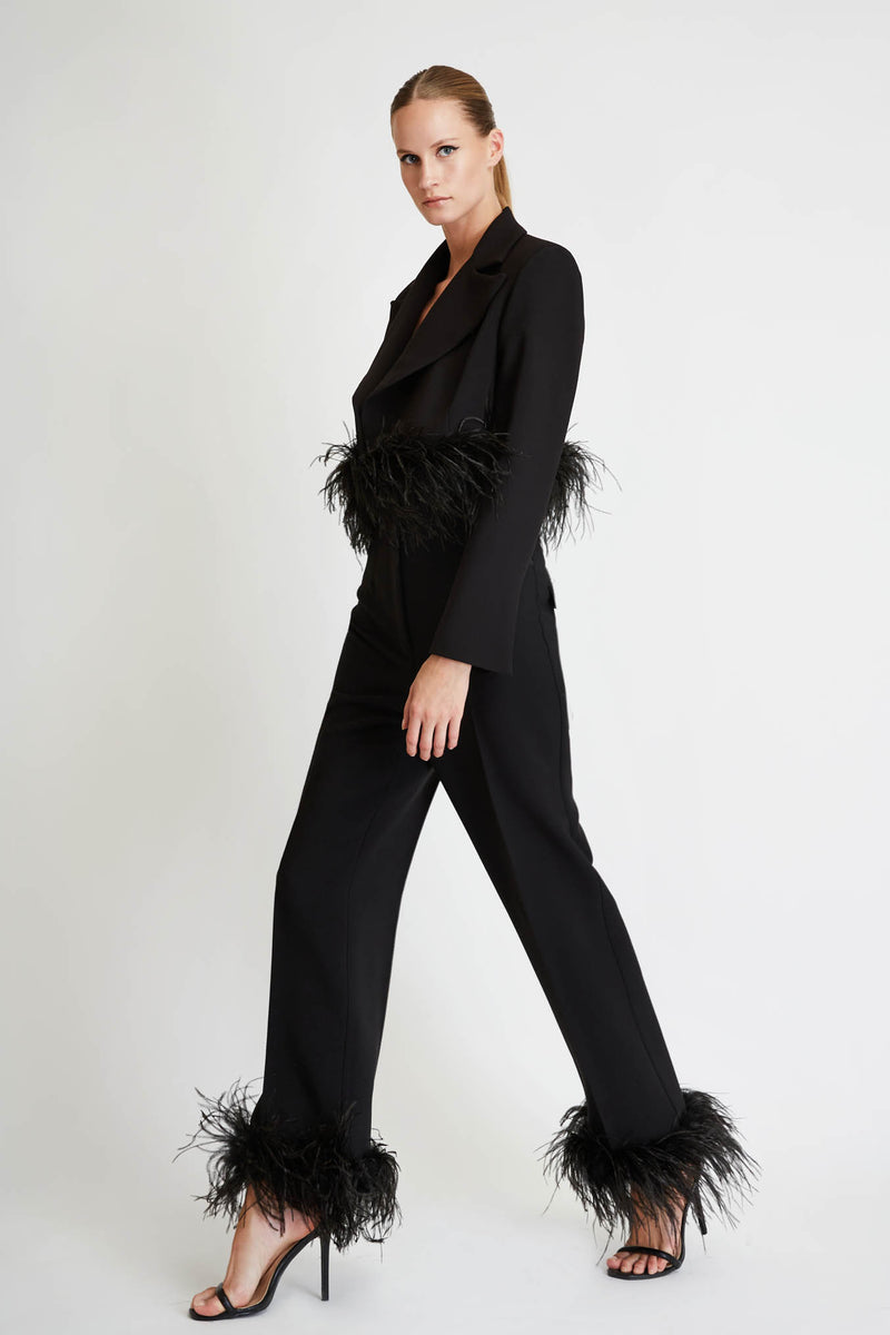 Cropped Blazer with Feathers in Black