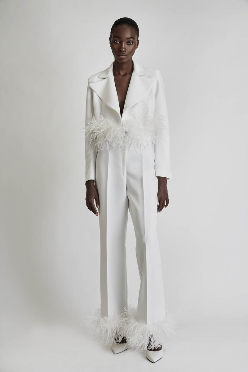 Cropped Blazer with Feathers in White