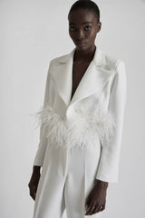 Cropped Blazer with Feathers in White