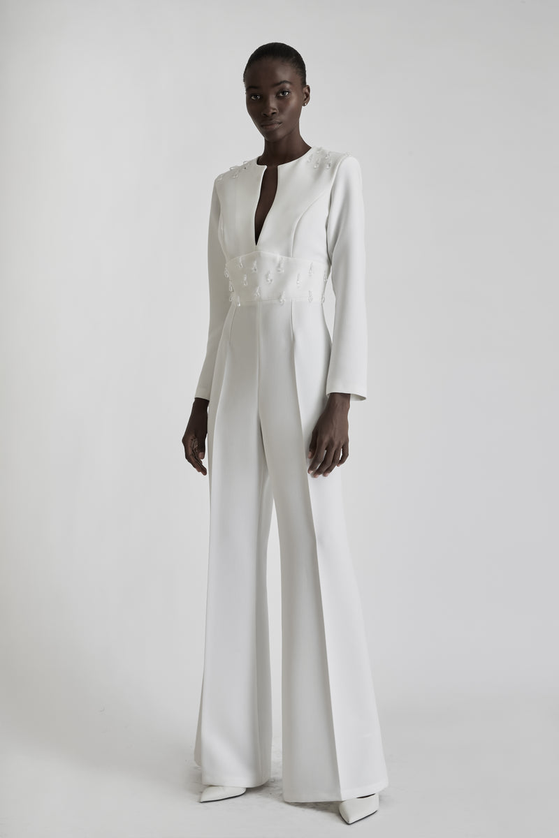 Jumpsuit with Embroidery in White
