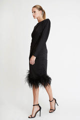 Midi Dress with Folds and Feathers