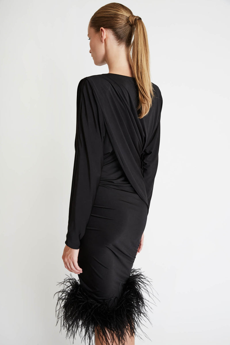 Midi Dress with Folds and Feathers