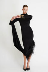 Τurtleneck Dress with Special Sleeve and Feathers