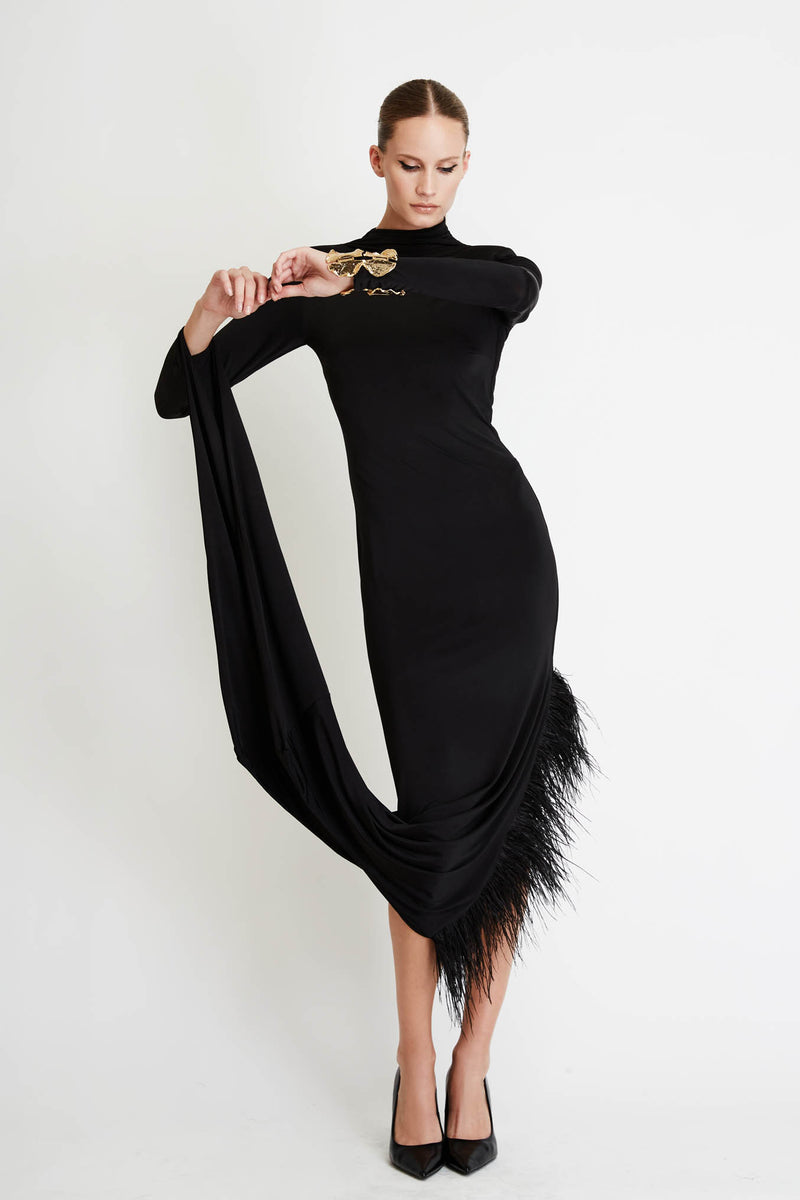 Τurtleneck Dress with Special Sleeve and Feathers