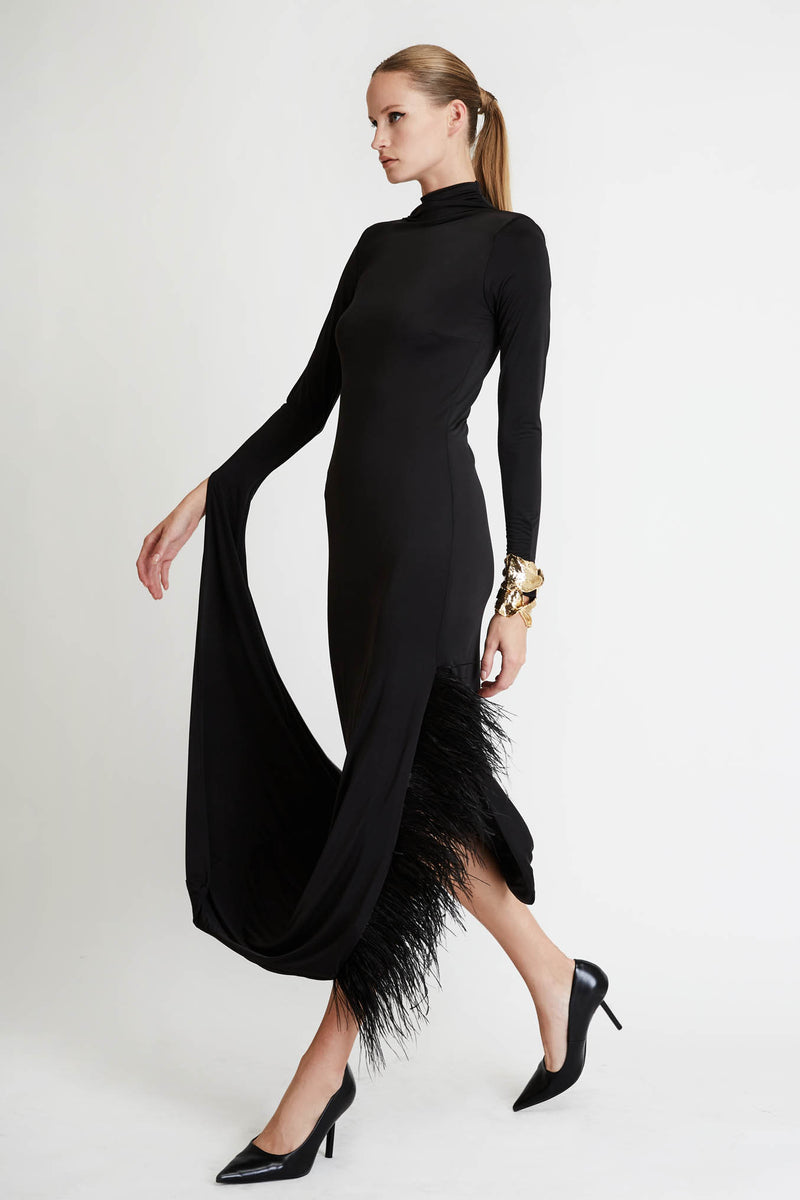 Τurtleneck Dress with Special Sleeve and Feathers