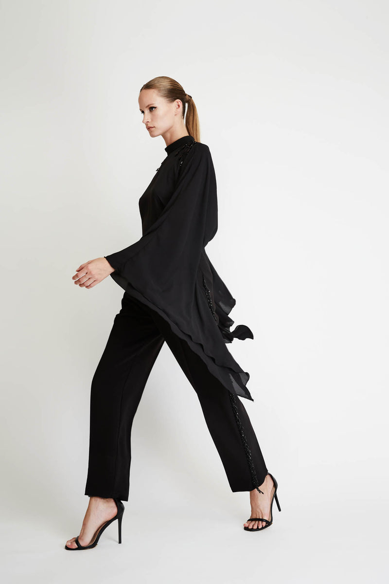 Trousers with Side Embroidery in Black