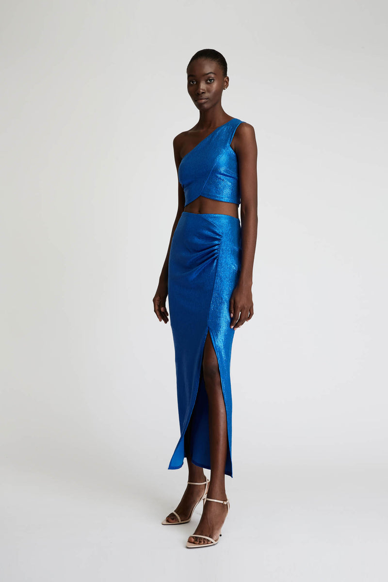 FEMININE ONE-SHOULDER TOP AND MAXI SKIRT SET IN METALLIC