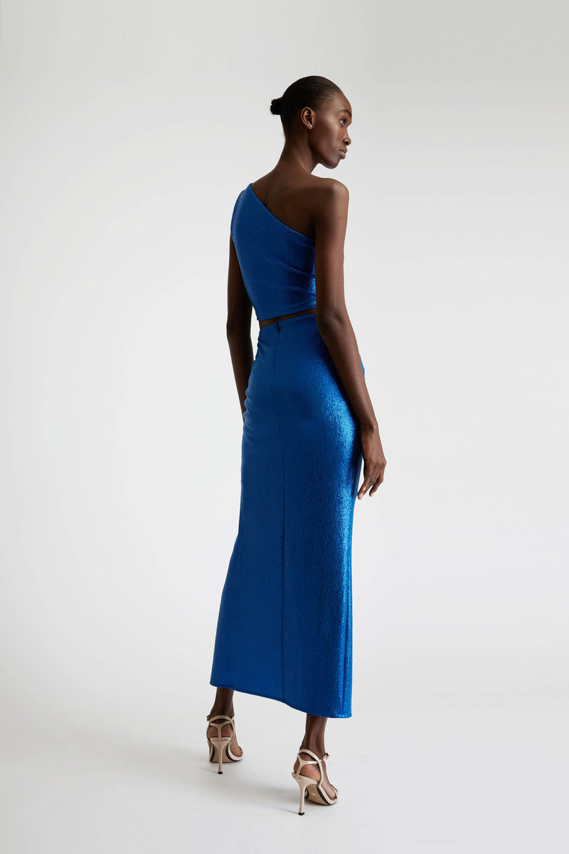 FEMININE ONE-SHOULDER TOP AND MAXI SKIRT SET IN METALLIC