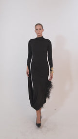Τurtleneck Dress with Special Sleeve and Feathers
