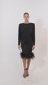 Midi Dress with Folds and Feathers