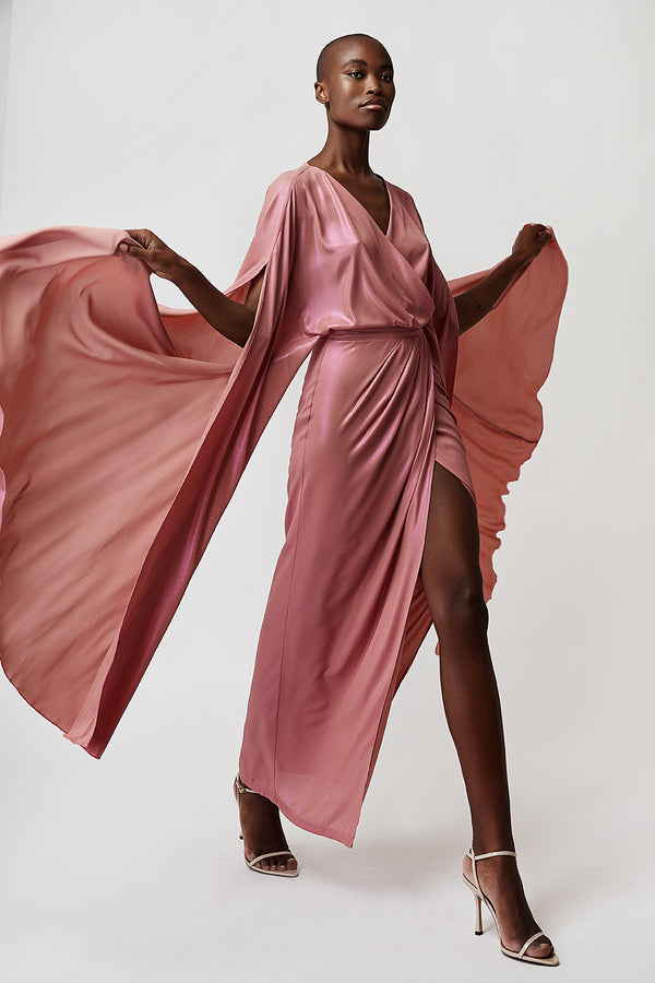 METALLIC GEORGETTE MAXI CROISÉ DRESS IN PINK