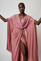 METALLIC GEORGETTE MAXI CROISÉ DRESS IN PINK