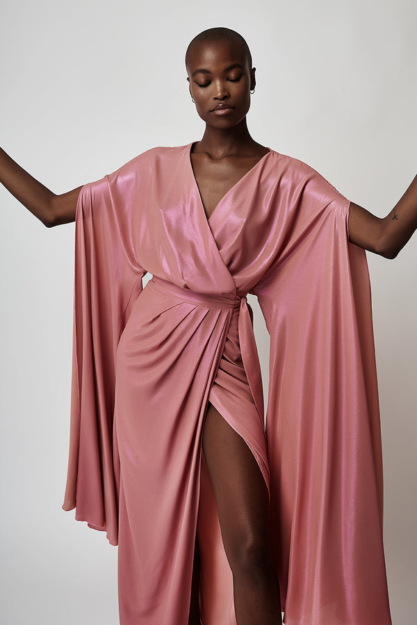 METALLIC GEORGETTE MAXI CROISÉ DRESS IN PINK