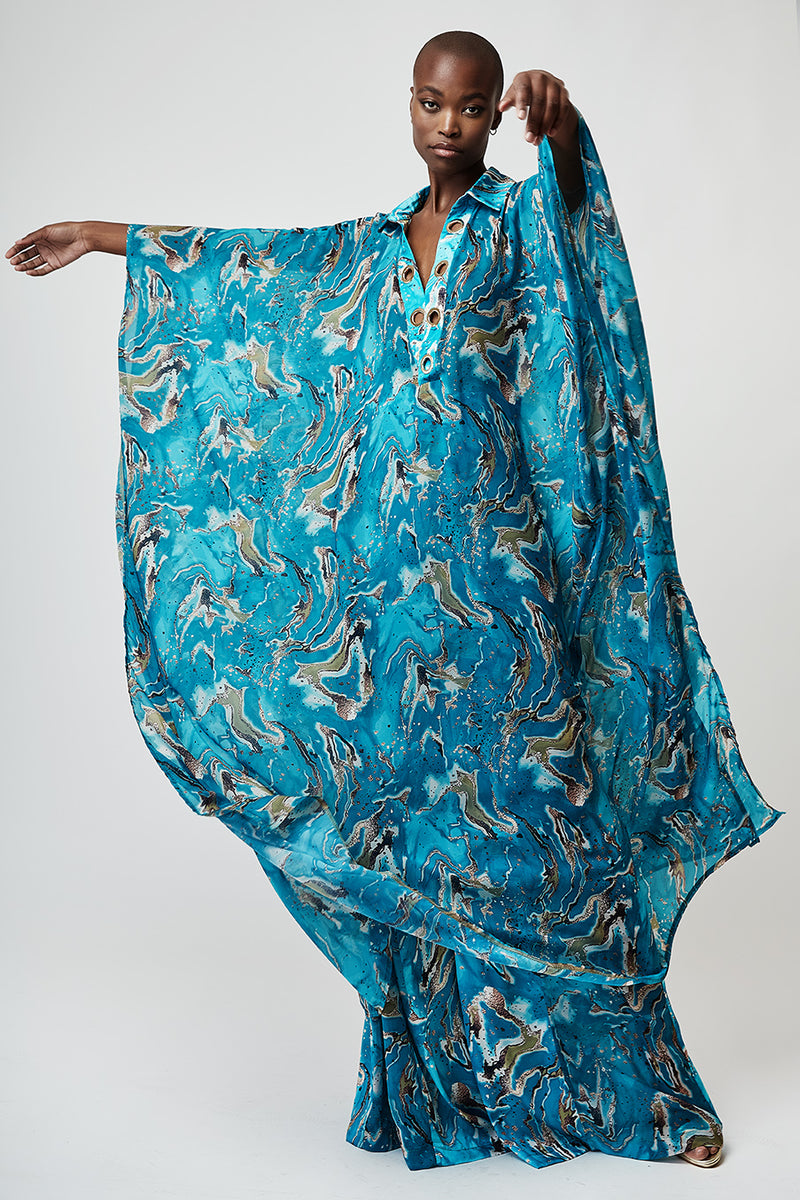 OVERSIZED ETHEREAL MAXI CAFTAN DRESS IN ABSTRACT BLUE-TONE PRINT