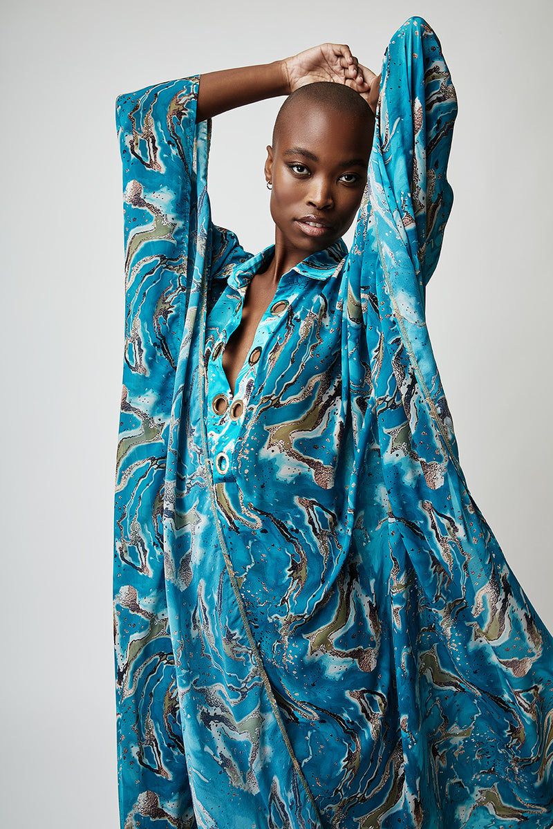 OVERSIZED ETHEREAL MAXI CAFTAN DRESS IN ABSTRACT BLUE-TONE PRINT