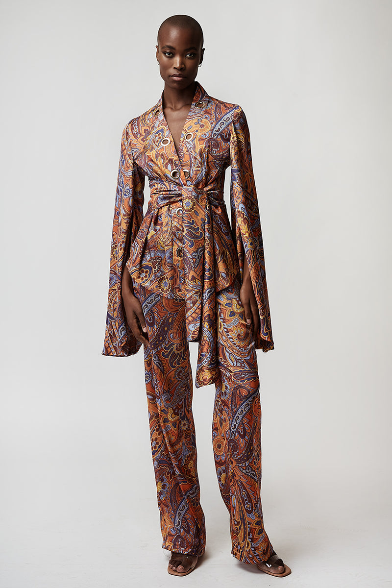 SET KIMONO WITH HIGH-WAIST TROUSERS IN PAISLEY-PATTERN