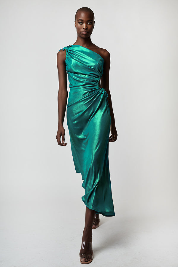 ONE-SHOULDER METALLIC ASYMMETRIC DRESS