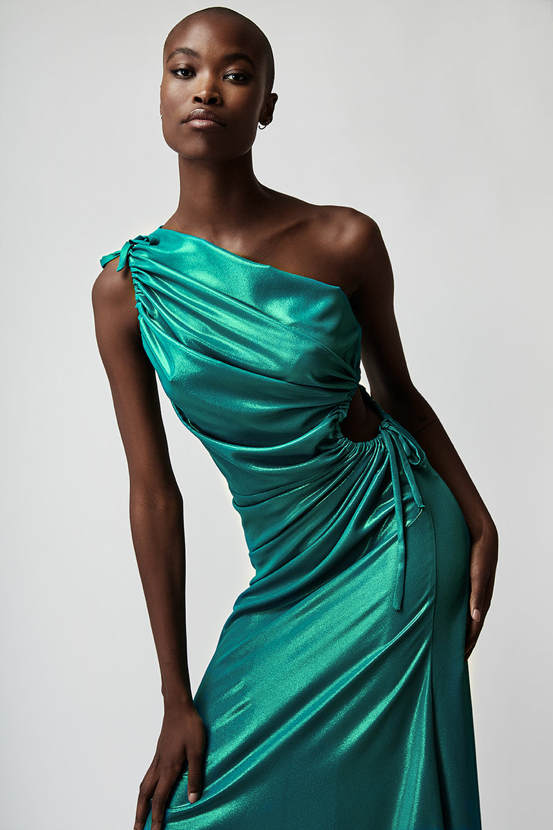 ONE-SHOULDER METALLIC ASYMMETRIC DRESS
