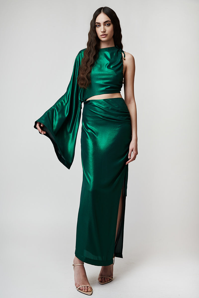 ONE-SLEEVE METALLIC MAXI DRESS WITH SIDE-SLIT