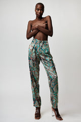 HIGH-WAIST TROUSERS WITH GOLD FEATURES IN PAISLEY-PATTERN