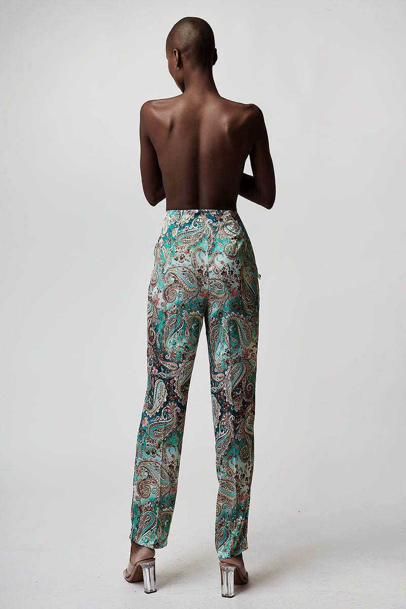 HIGH-WAIST TROUSERS WITH GOLD FEATURES IN PAISLEY-PATTERN