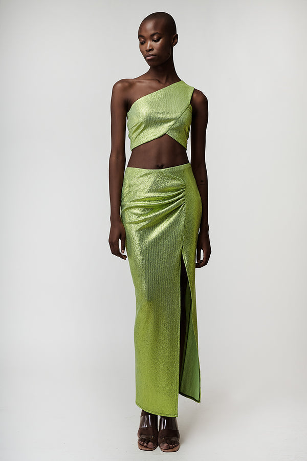 FEMININE ONE-SHOULDER TOP AND MAXI SKIRT SET IN METALLIC GREEN