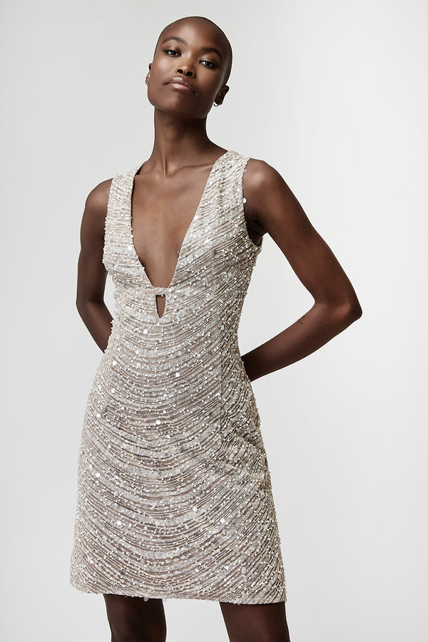 ELEGANT MINI DRESS IN GLITTER FABRIC WITH EMBROIDERY
