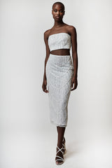 ELEGANT CROP TOP AND MIDI SKIRT SET WITH BEADS AND SEQUINS EMBROIDERY