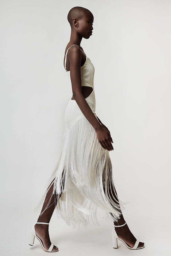 LINEN DRESS WITH ASYMMETRIC FRINGES