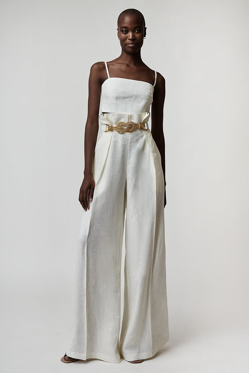 WHITE LINEN WIDE-LEG TROUSERS WITH GOLD BELT