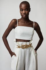 WHITE LINEN WIDE-LEG TROUSERS WITH GOLD BELT