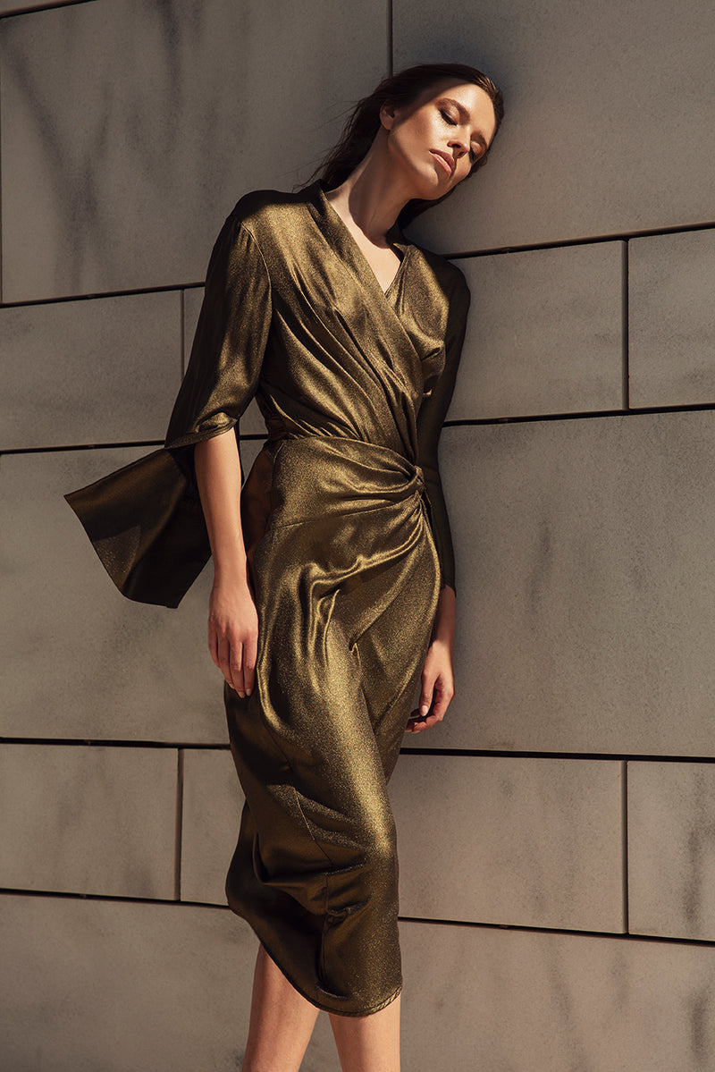 Bronze Wrap Dress with Different Sleeves