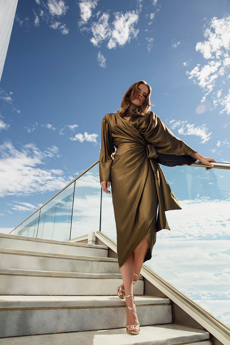 Bronze Wrap Dress with Different Sleeves