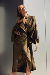 Bronze Wrap Dress with Different Sleeves