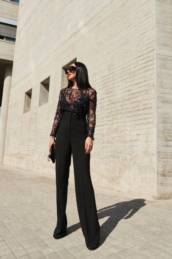 Oversize Lace Top with Sequins in Black
