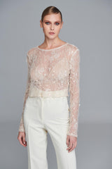 Oversize Lace Top with Sequins in White